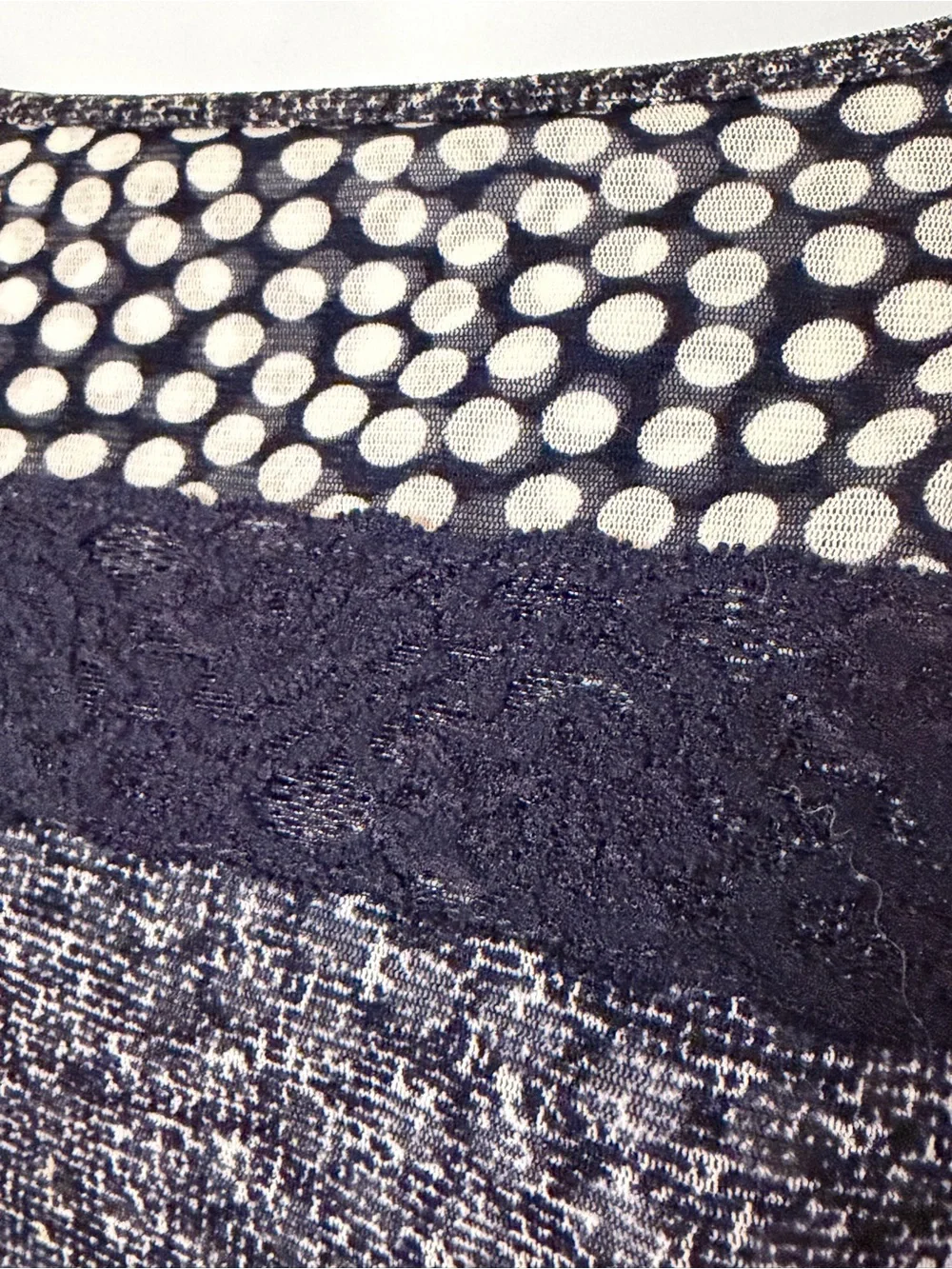 Vintage Russell Kemp Navy Blue Polka Dot Layered Mesh Lettuce Edge Trim Top XL
